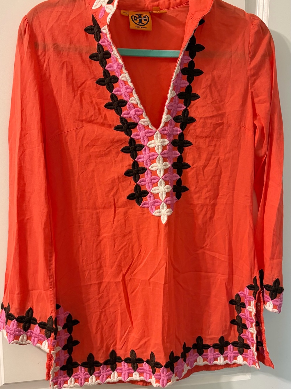 Tory Burch Coral-Orange Embroidered V-Neck Tunic with Pink, Black & White Trim